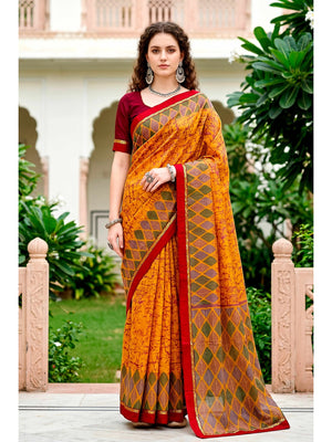 Peachmode Yellow Cotton Blend Harshita Saree - Image 1