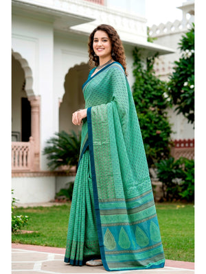 Peachmode Mint Green Cotton Blend Harshita Saree - Image 2