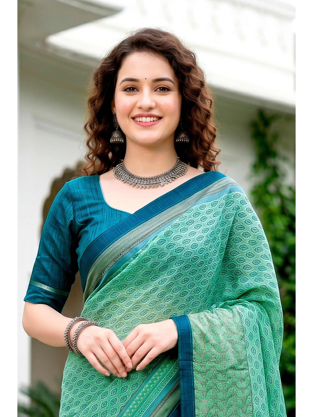 Peachmode Mint Green Cotton Blend Harshita Saree - Image 3