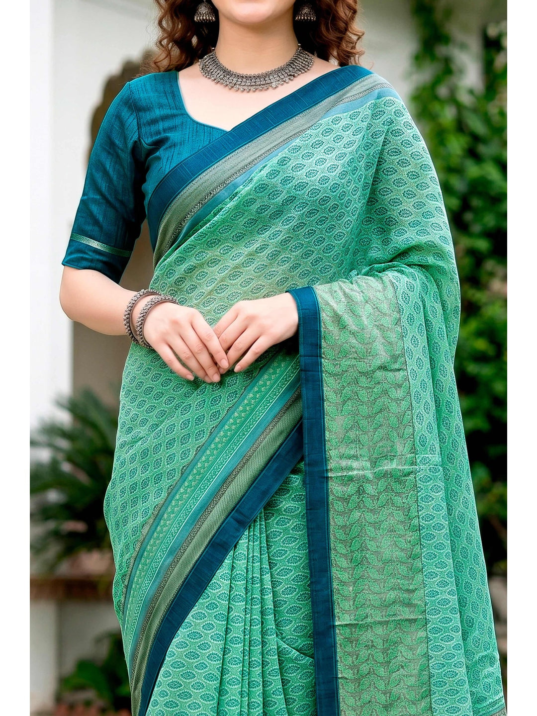 Peachmode Mint Green Cotton Blend Harshita Saree - Image 5