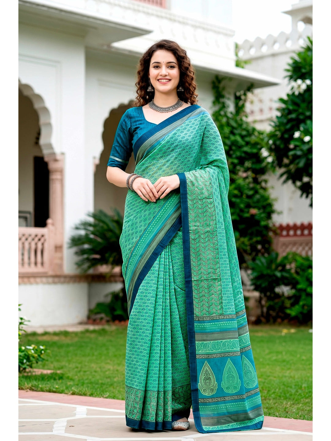 Peachmode Mint Green Cotton Blend Harshita Saree - Image 1