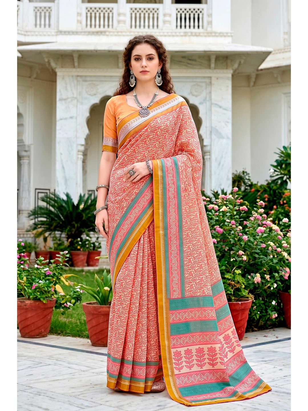 Peachmode Pink Cotton Blend Harshita Saree - Image 1