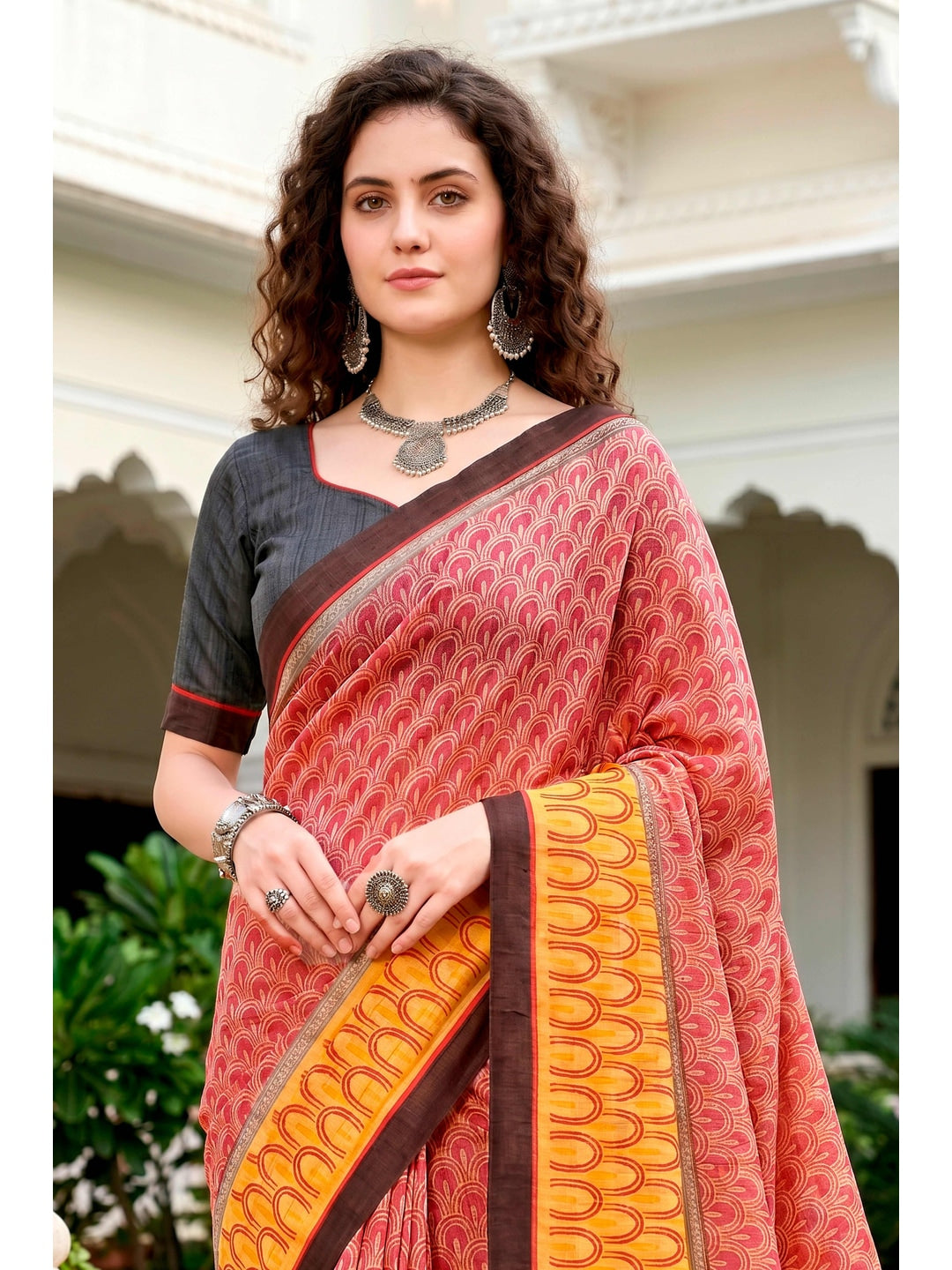 Peachmode Brick Red Cotton Blend Harshita Saree - Image 3