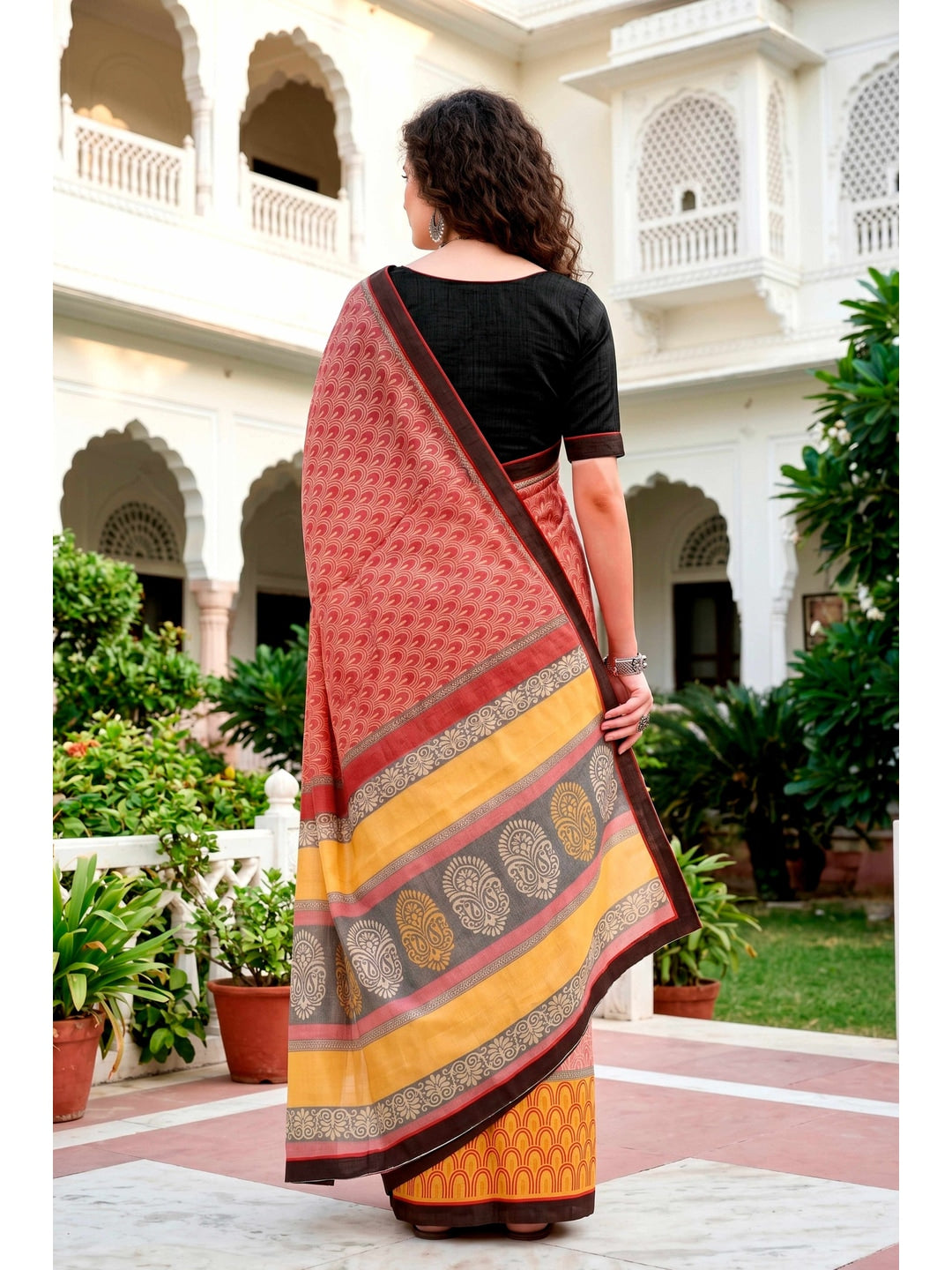 Peachmode Brick Red Cotton Blend Harshita Saree - Image 4