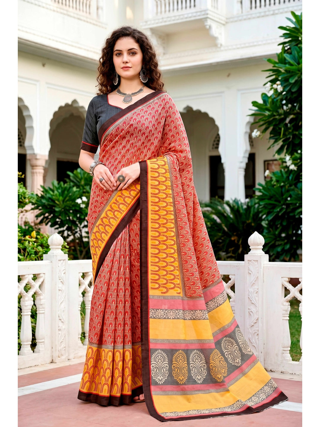 Peachmode Brick Red Cotton Blend Harshita Saree - Image 1