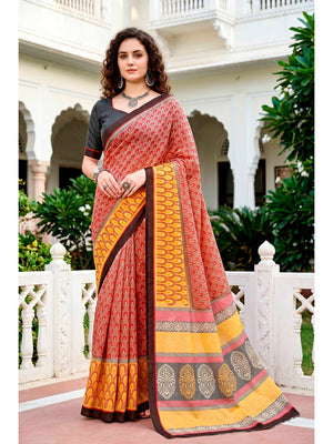 Peachmode Brick Red Cotton Blend Harshita Saree - Image 1