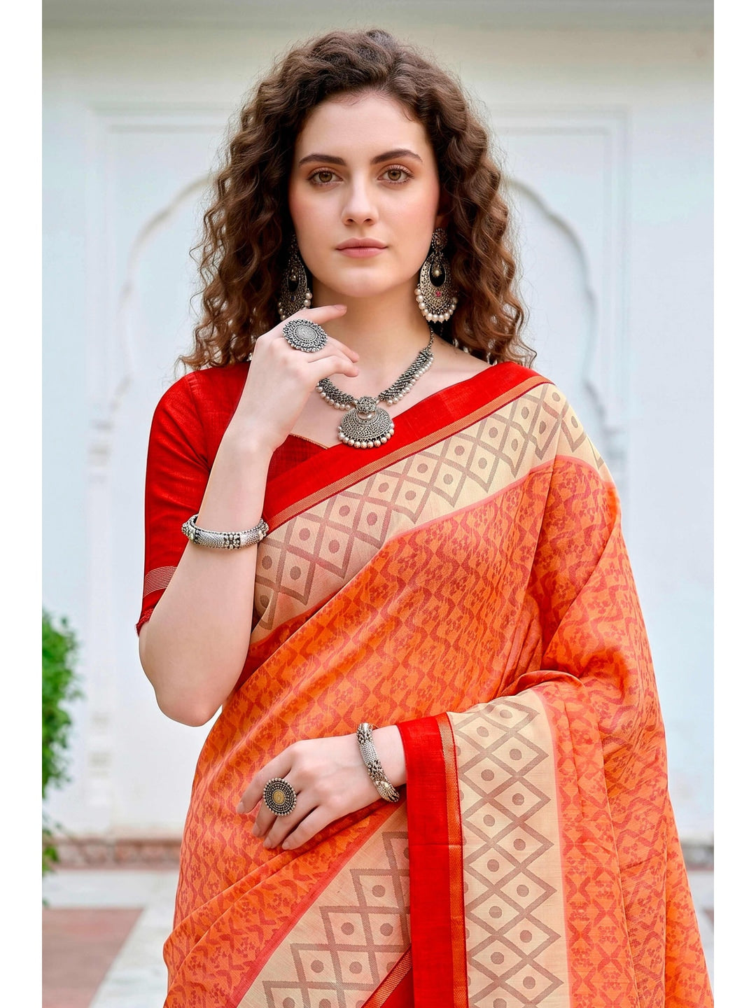 Peachmode Orange Cotton Blend Harshita Saree - Image 3