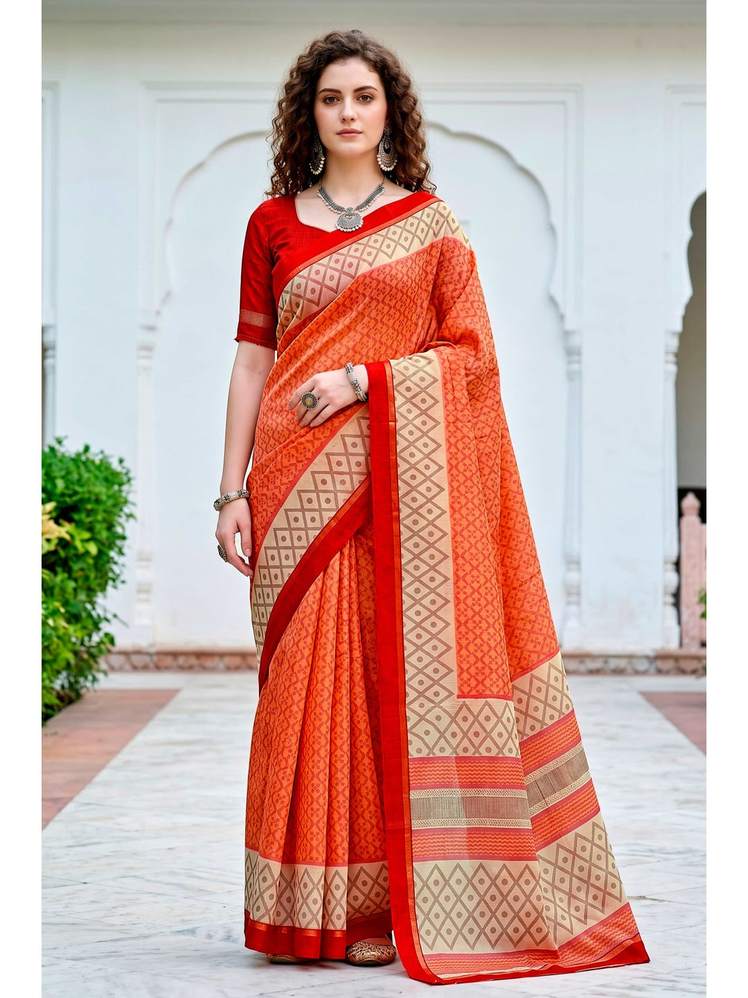 Peachmode Orange Cotton Blend Harshita Saree - Image 1