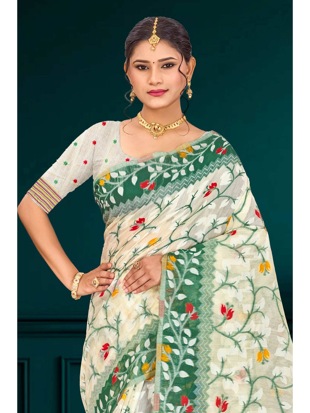 Peachmode Green Cotton Blend Kashish Saree - Image 2