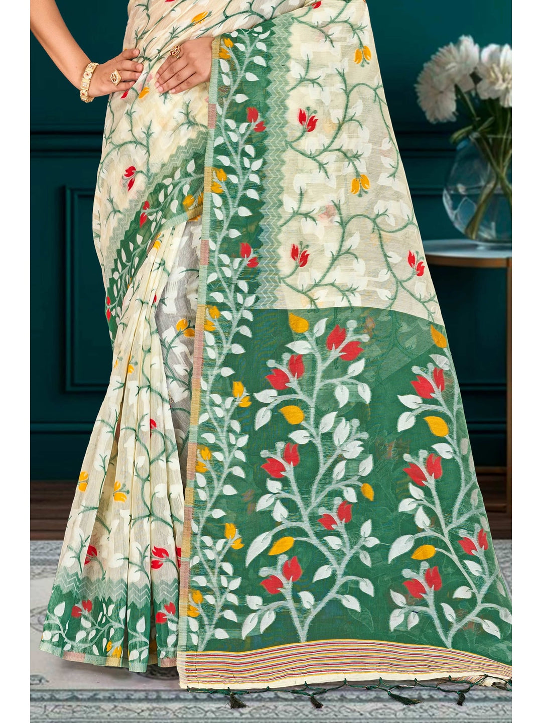 Peachmode Green Cotton Blend Kashish Saree - Image 3