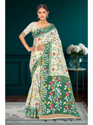Peachmode Green Cotton Blend Kashish Saree - Image 1