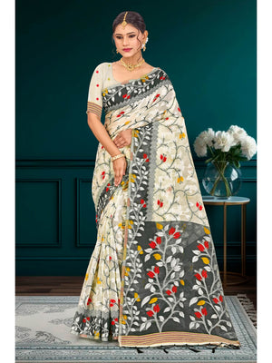 Peachmode Grey Cotton Blend Kashish Saree - Image 1