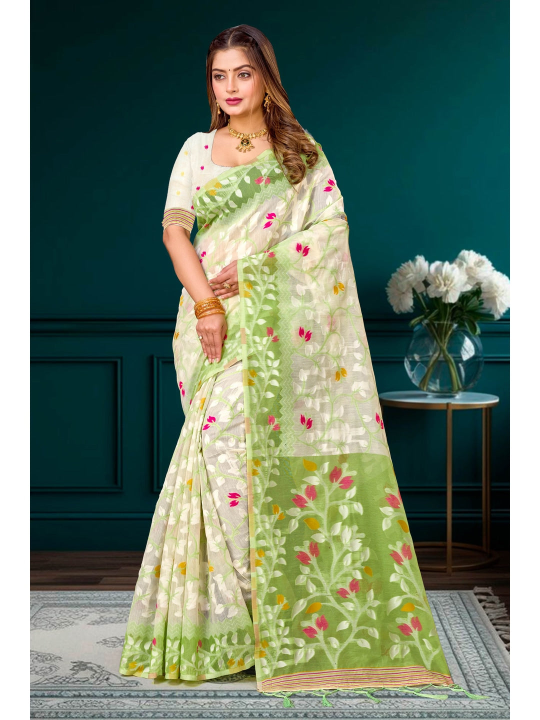 Peachmode Green Cotton Blend Kashish Saree - Image 1