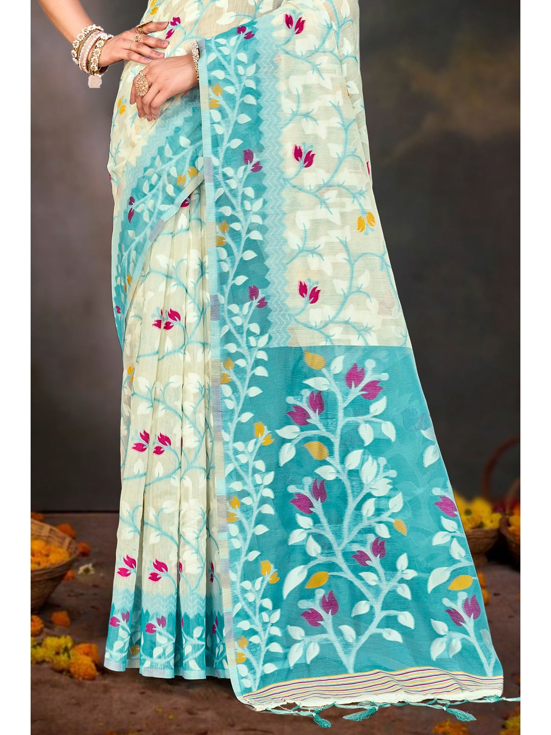 Peachmode Sea Green Cotton Blend Saree - Image 3
