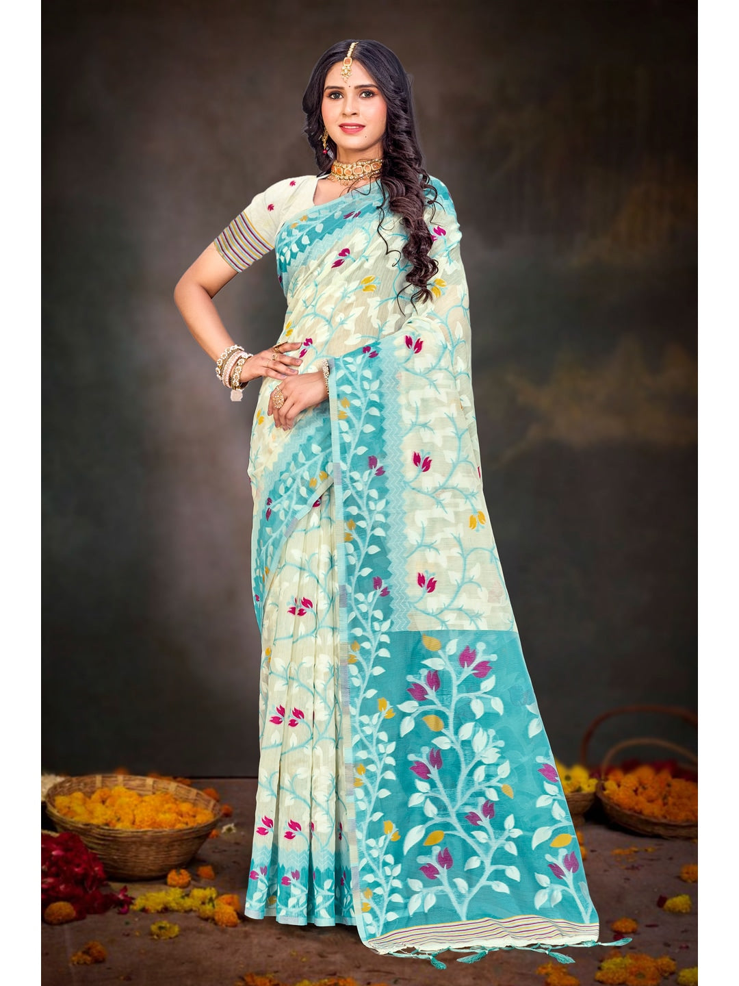 Peachmode Sea Green Cotton Blend Saree - Image 1