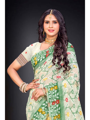 Peachmode Green Cotton Blend Saree - Image 2