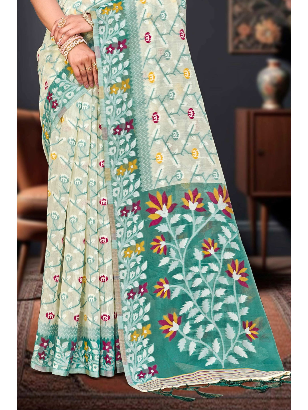 Peachmode Mint Green Cotton Blend Saree - Image 3