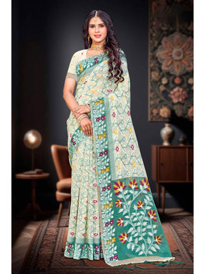 Peachmode Mint Green Cotton Blend Saree - Image 1