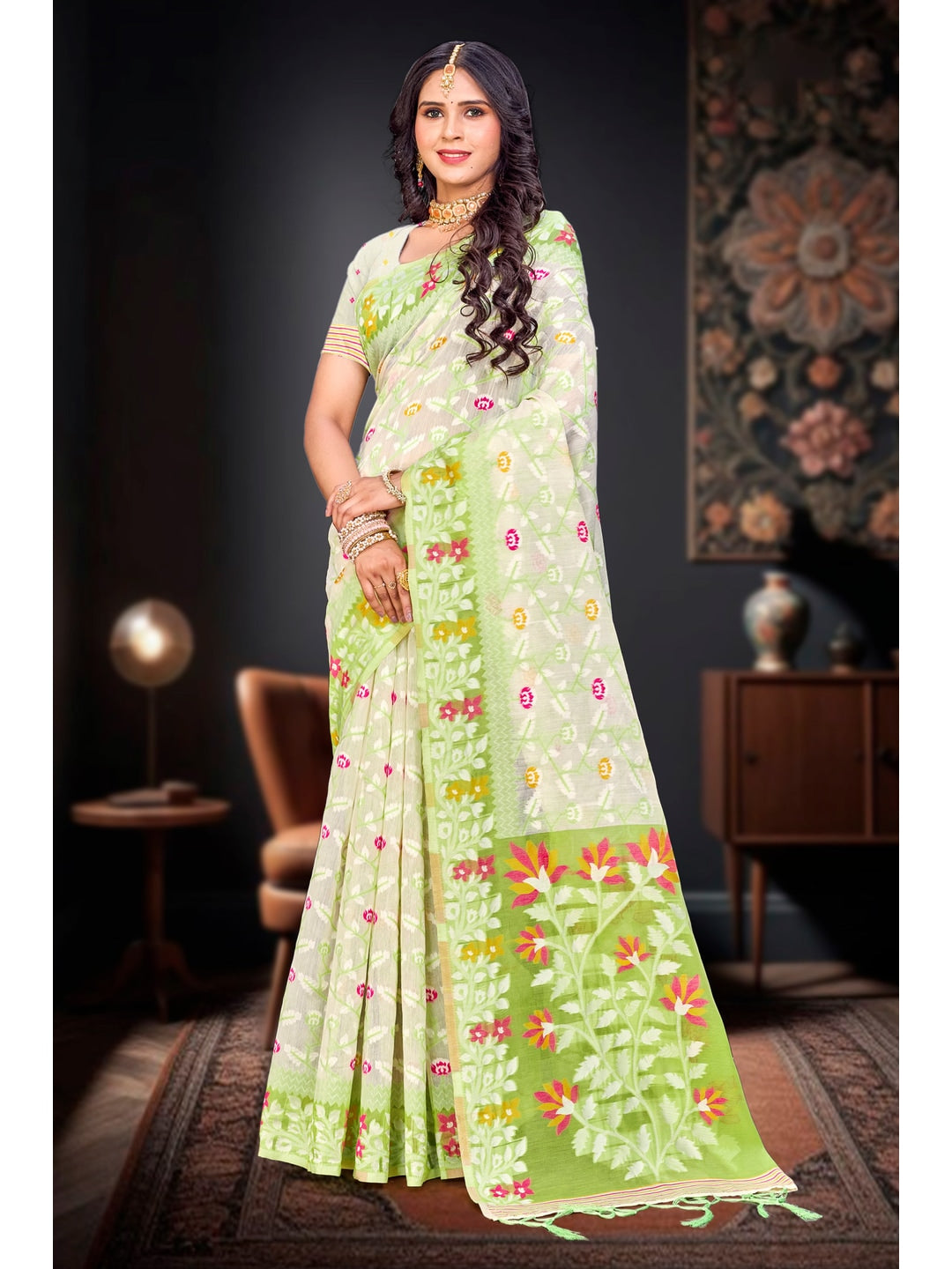 Peachmode Parrot Green Cotton Blend Saree - Image 1