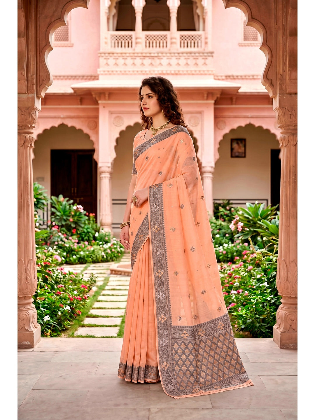 Peachmode Peach Cotton Blend Kashvi Cotton Saree - Image 2