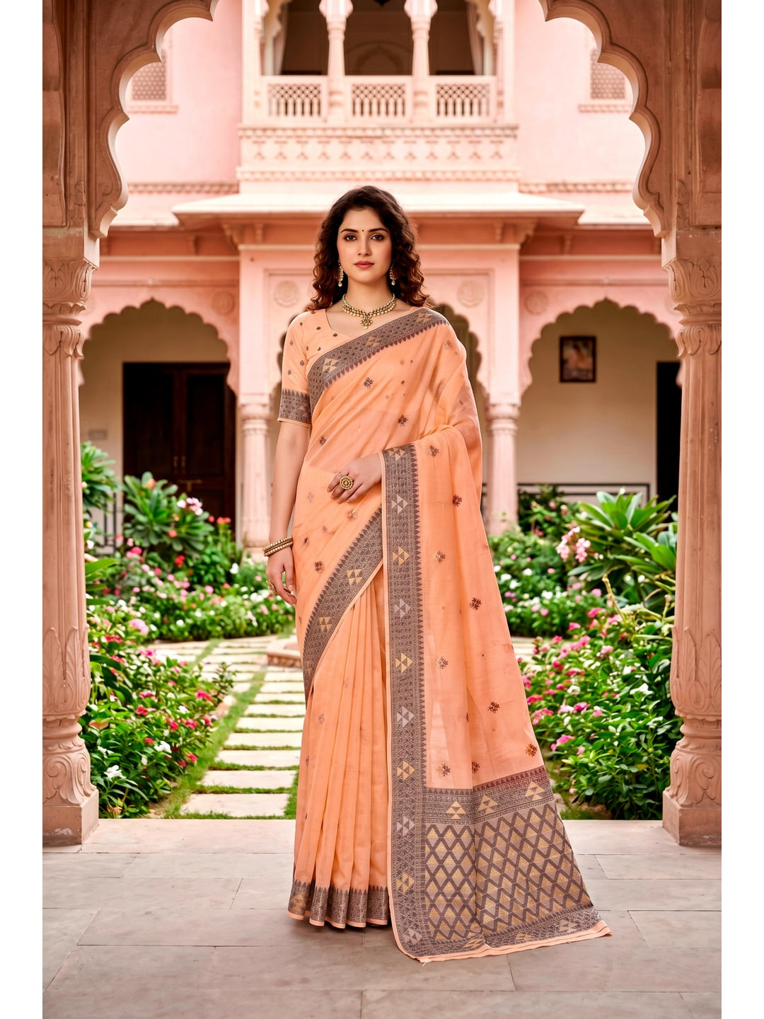 Peachmode Peach Cotton Blend Kashvi Cotton Saree - Image 1