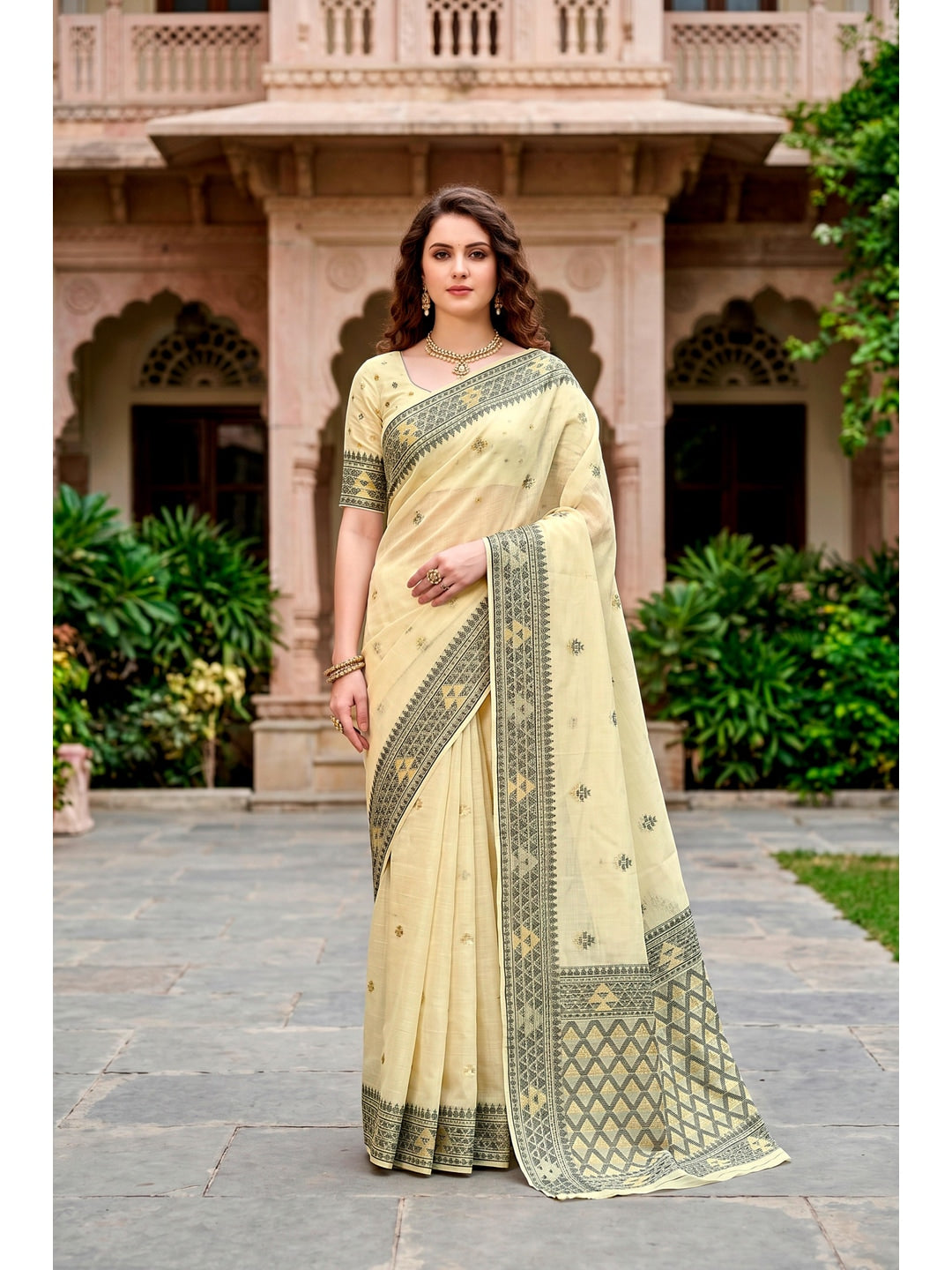 Peachmode Light Yellow Cotton Blend Kashvi Cotton Saree - Image 1