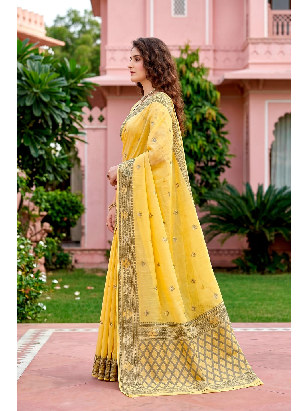 Peachmode Yellow Cotton Blend Kashvi Cotton Saree - Image 2