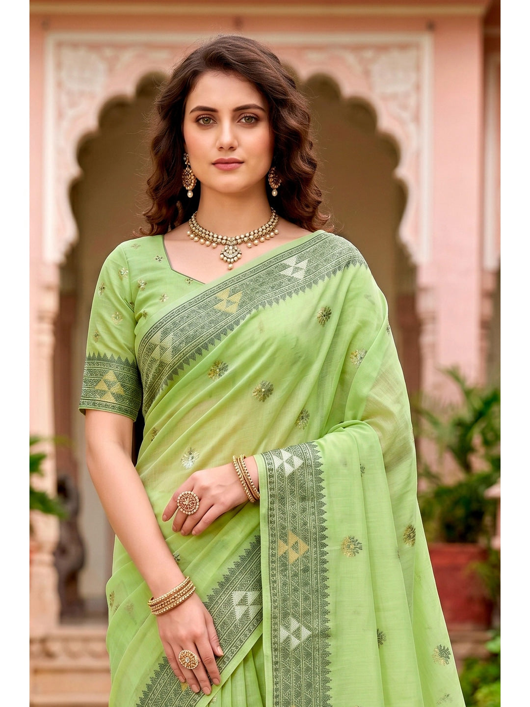 Peachmode Green Cotton Blend Kashvi Cotton Saree - Image 3