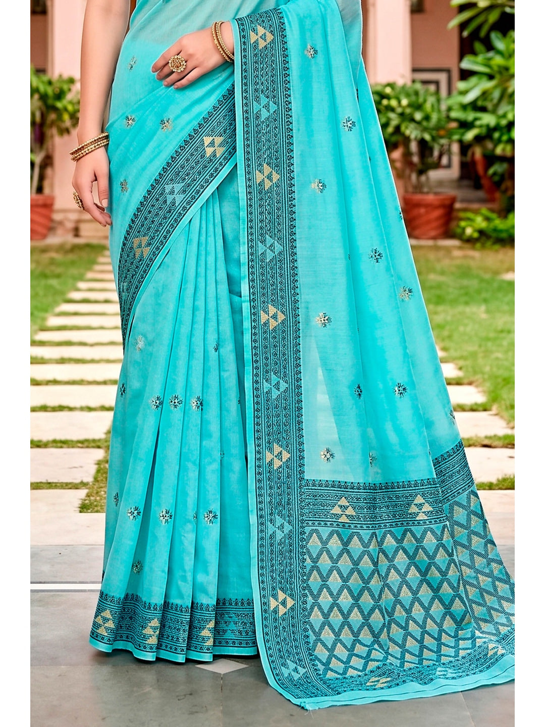 Peachmode Teal Blue Cotton Blend Kashvi Cotton Saree - Image 4