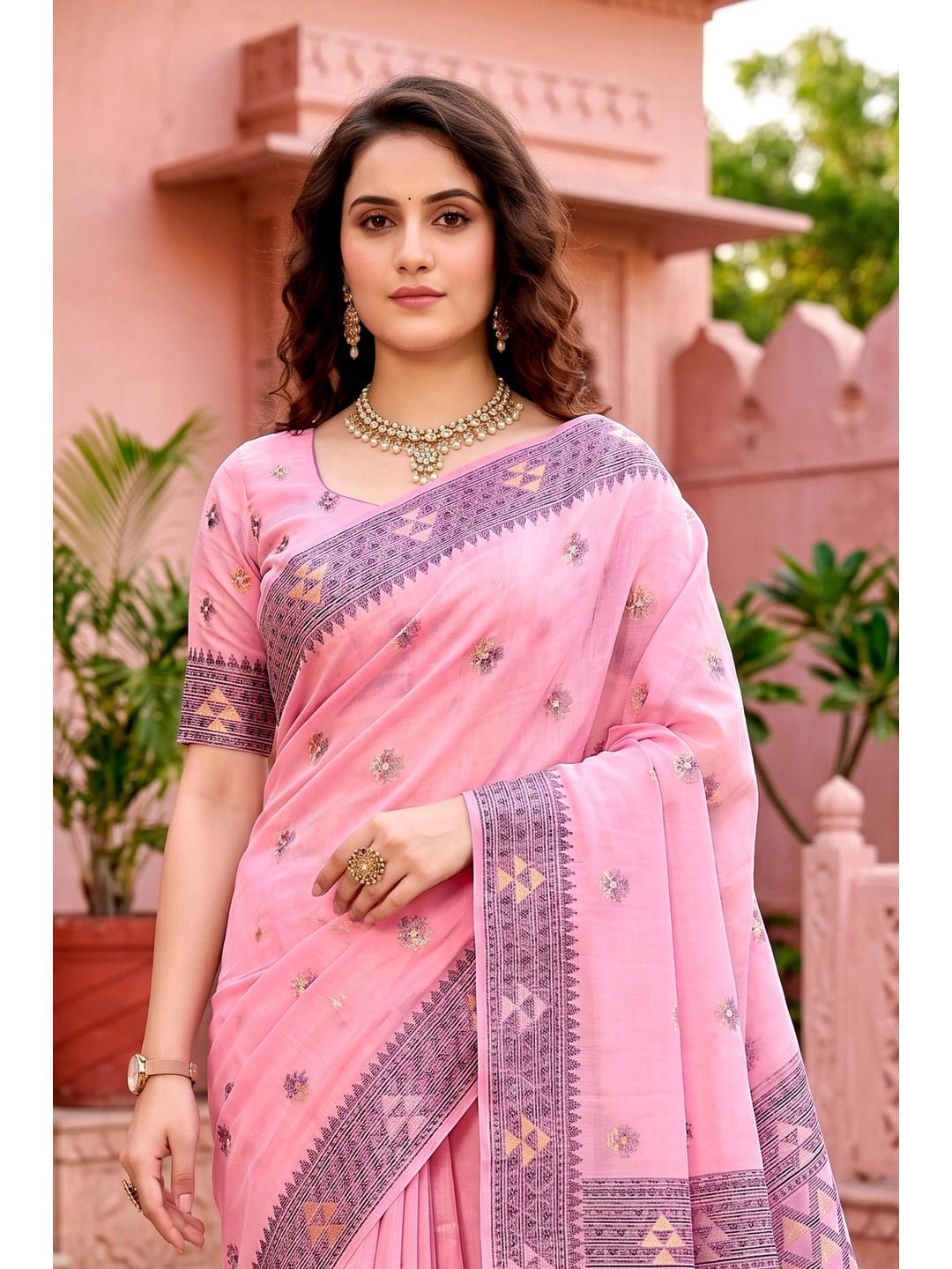 Peachmode Pink Cotton Blend Kashvi Cotton Saree - Image 3