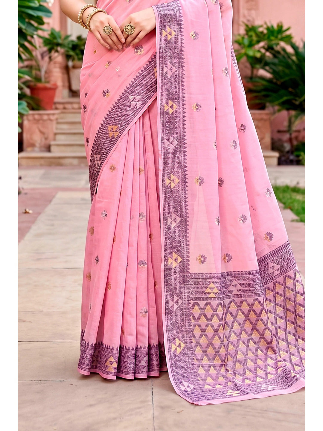 Peachmode Pink Cotton Blend Kashvi Cotton Saree - Image 4