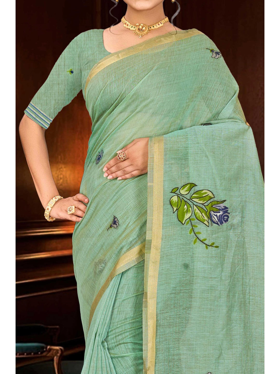 Peachmode Green Cotton Blend Katha Saree - Image 5