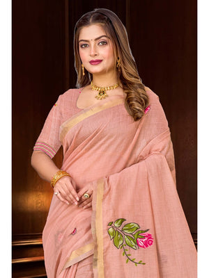 Peachmode Peach Cotton Blend Katha Saree - Image 2