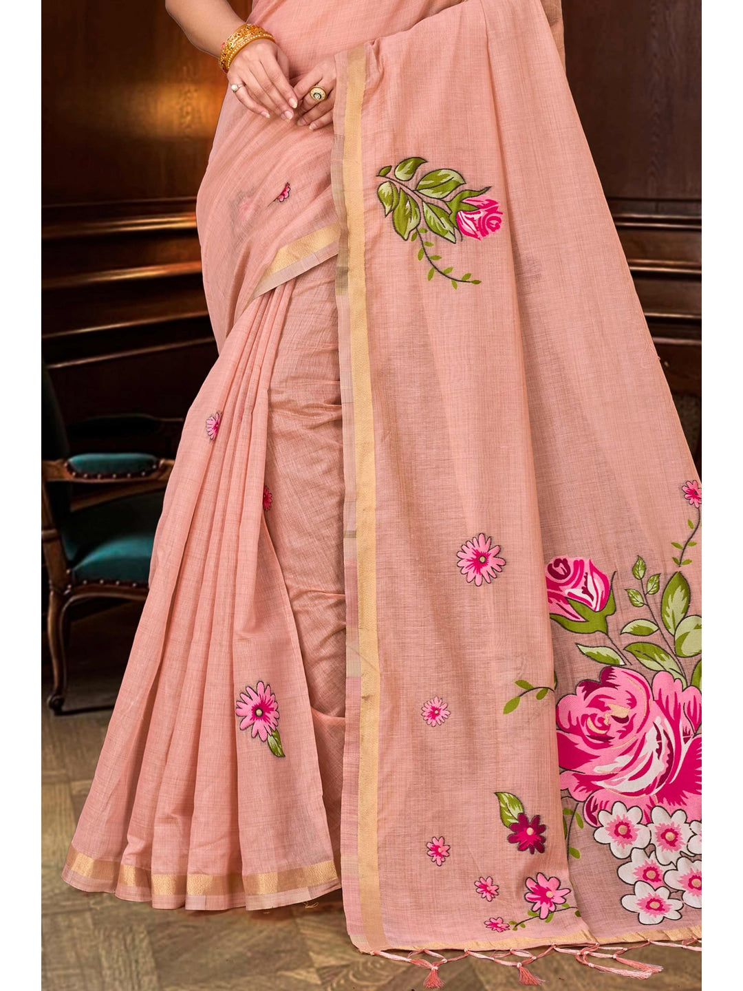 Peachmode Peach Cotton Blend Katha Saree - Image 3
