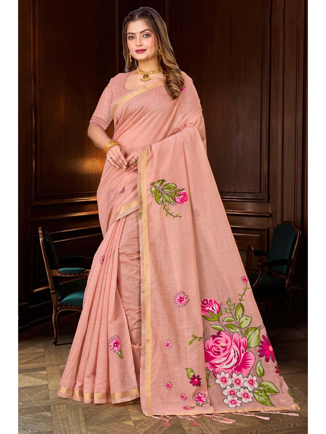 Peachmode Peach Cotton Blend Katha Saree - Image 1