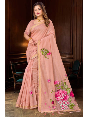 Peachmode Peach Cotton Blend Katha Saree - Image 1
