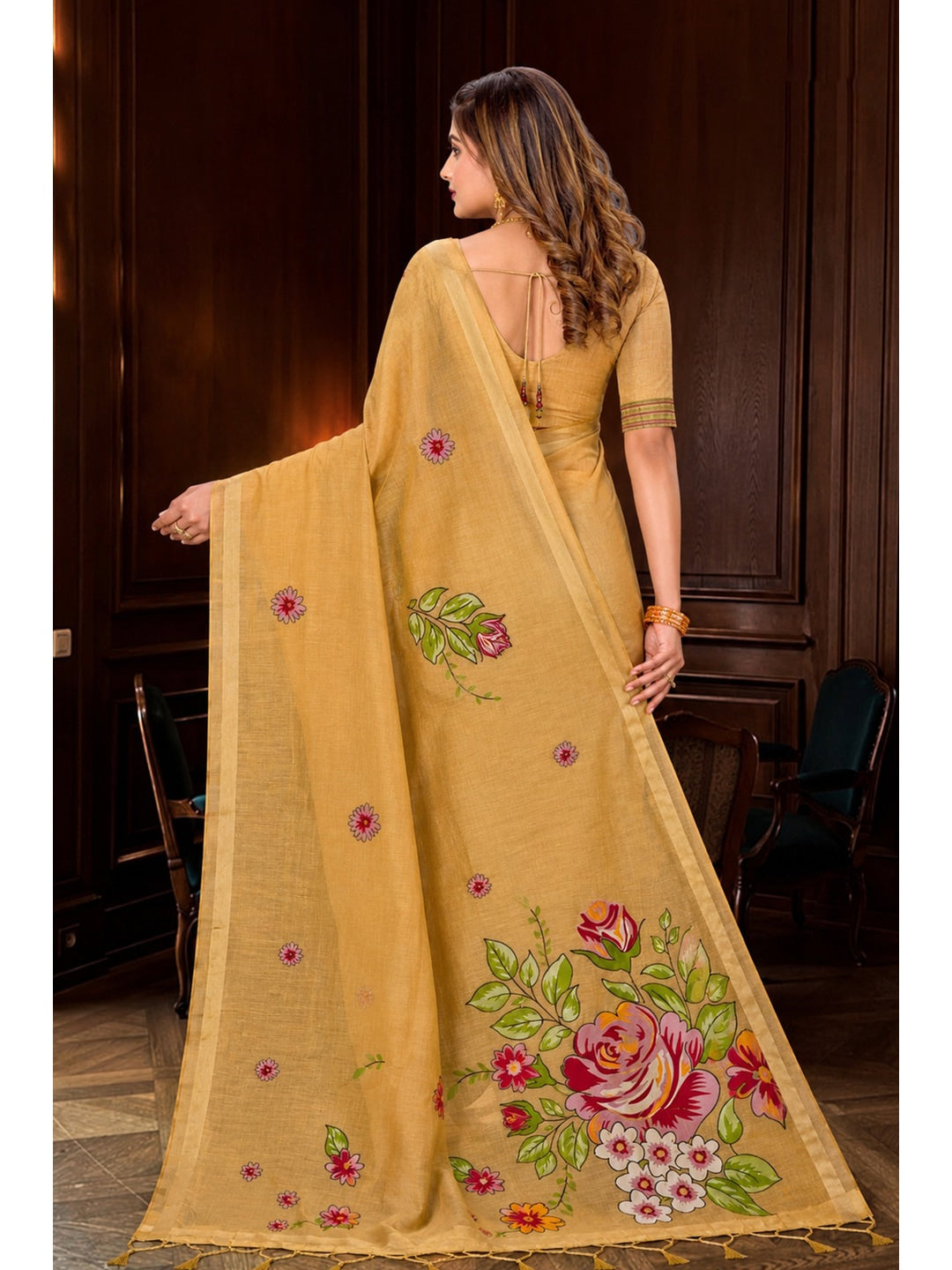 Peachmode Beige Cotton Blend Katha Saree - Image 4