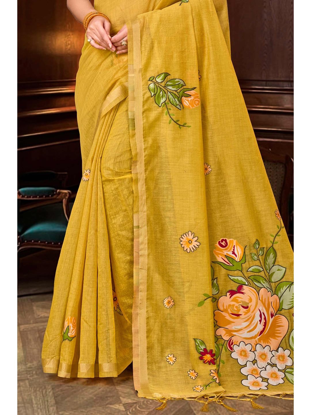 Peachmode Yellow Cotton Blend Katha Saree - Image 3
