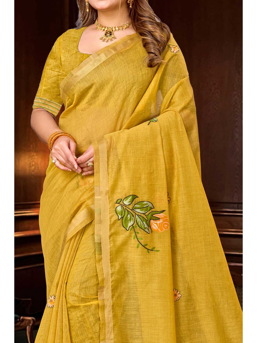 Peachmode Yellow Cotton Blend Katha Saree - Image 5