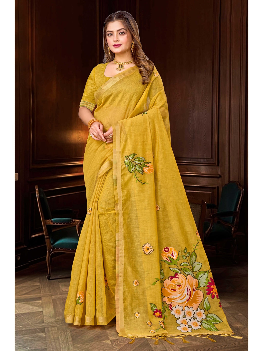 Peachmode Yellow Cotton Blend Katha Saree - Image 1