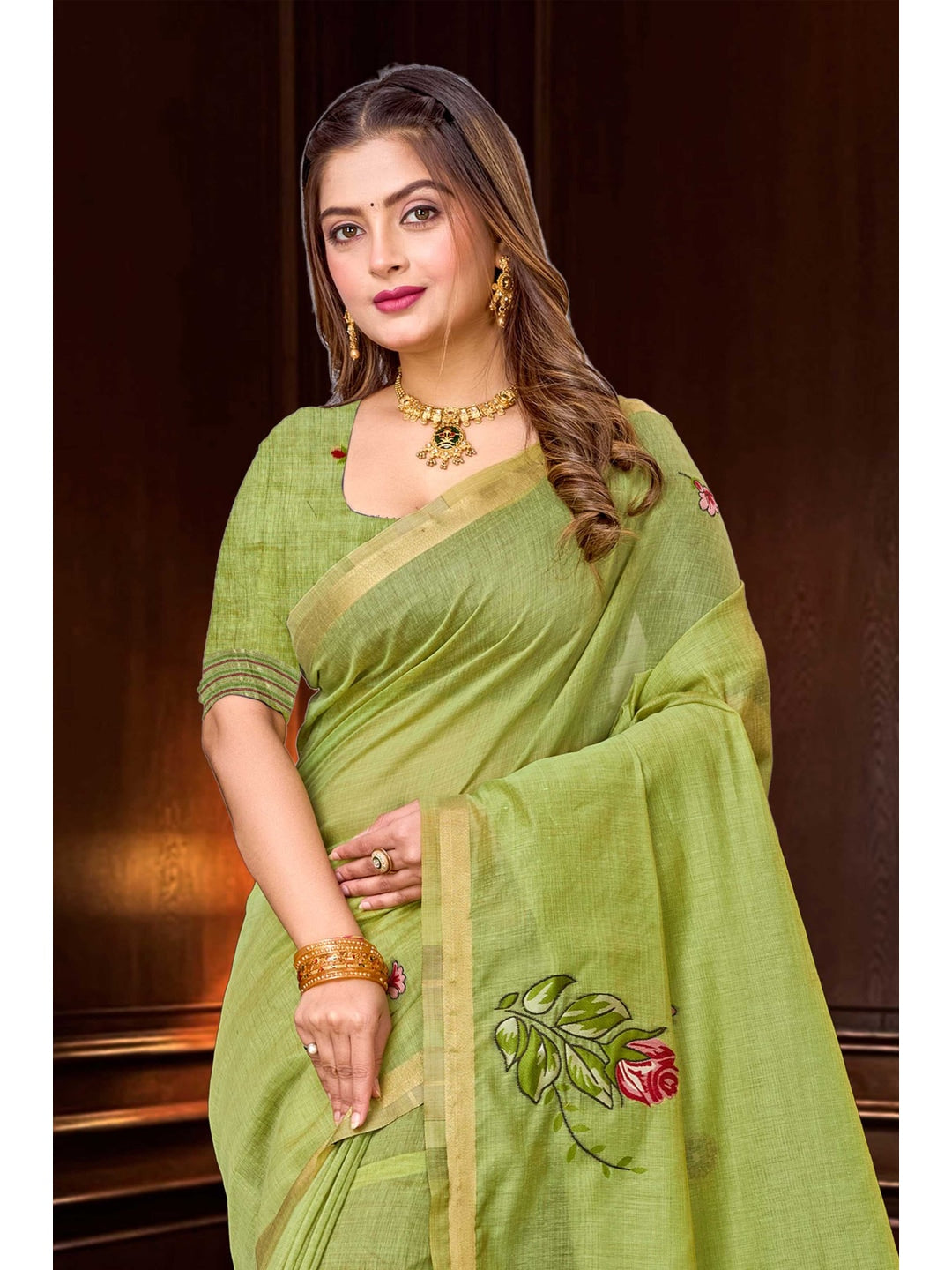 Peachmode Green Cotton Blend Katha Saree - Image 2