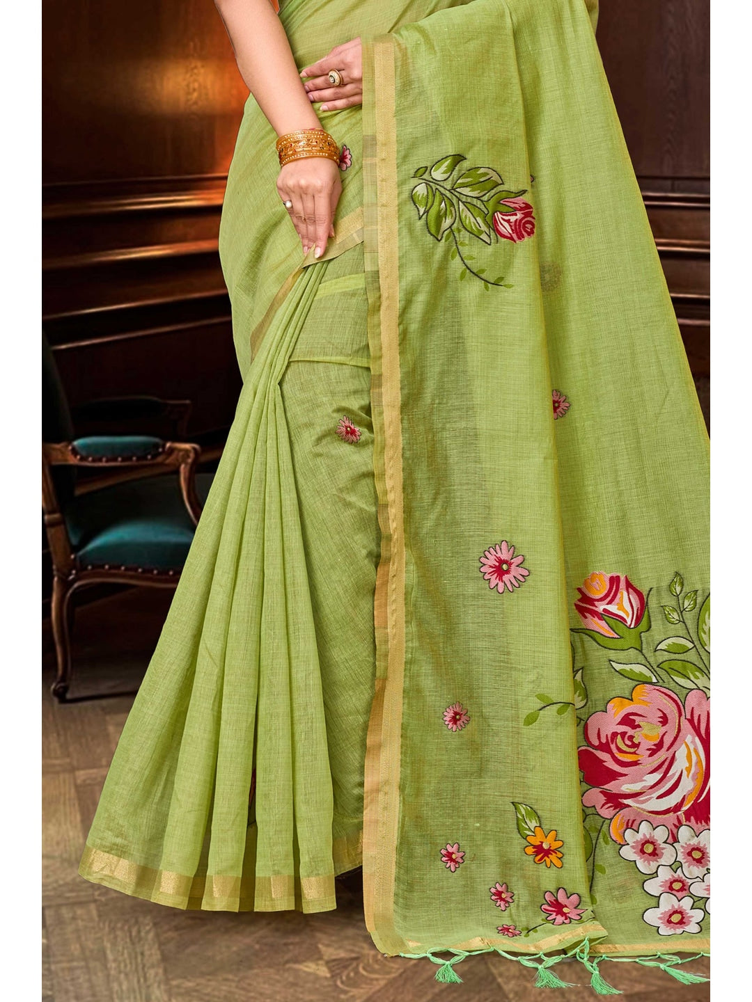 Peachmode Green Cotton Blend Katha Saree - Image 3