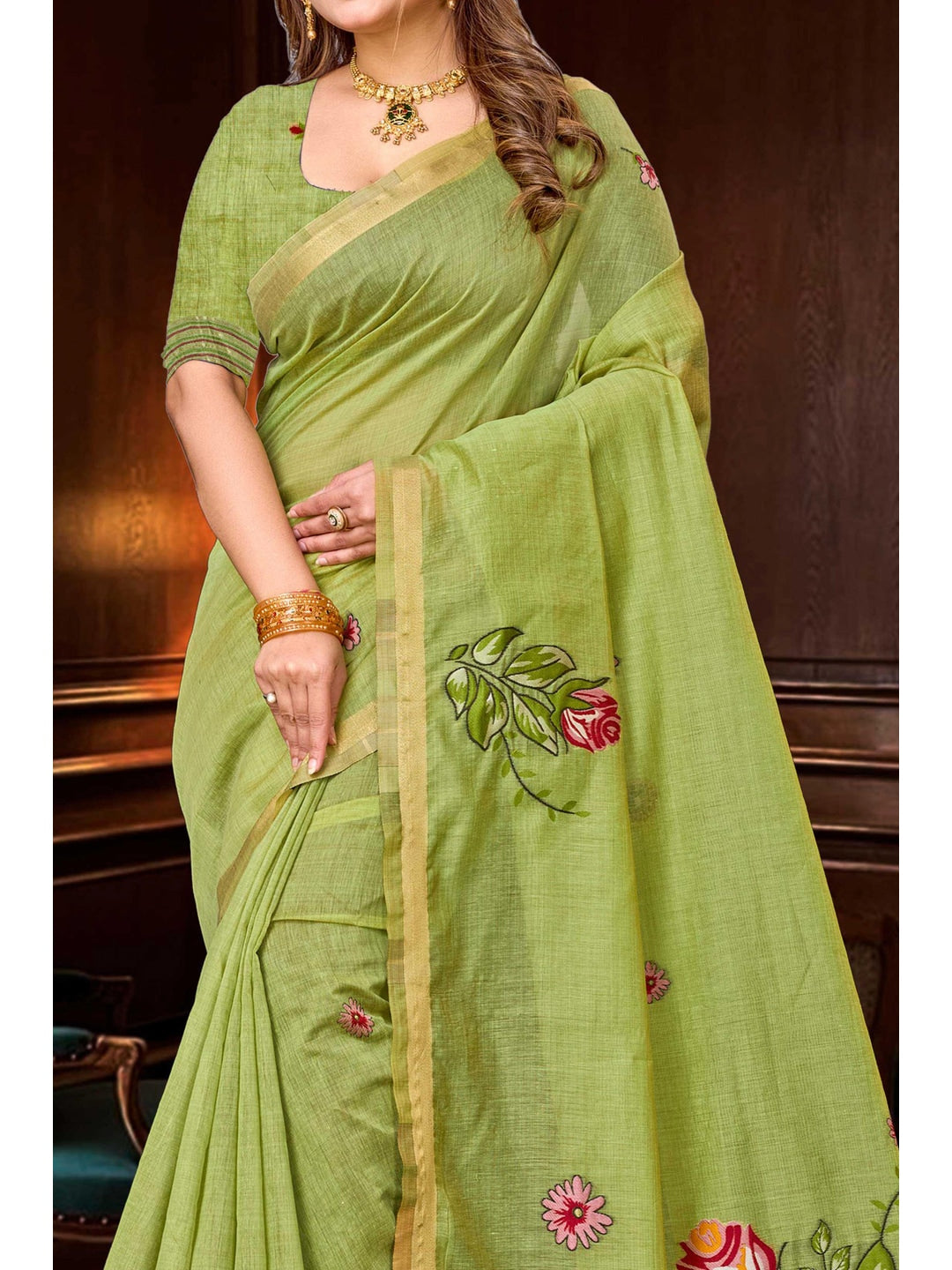 Peachmode Green Cotton Blend Katha Saree - Image 5