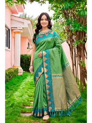 Peachmode Green Silk Blend Lichi Saree - Image 1
