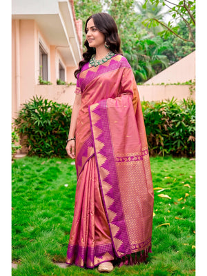 Peachmode Pink Silk Blend Lichi Saree - Image 2