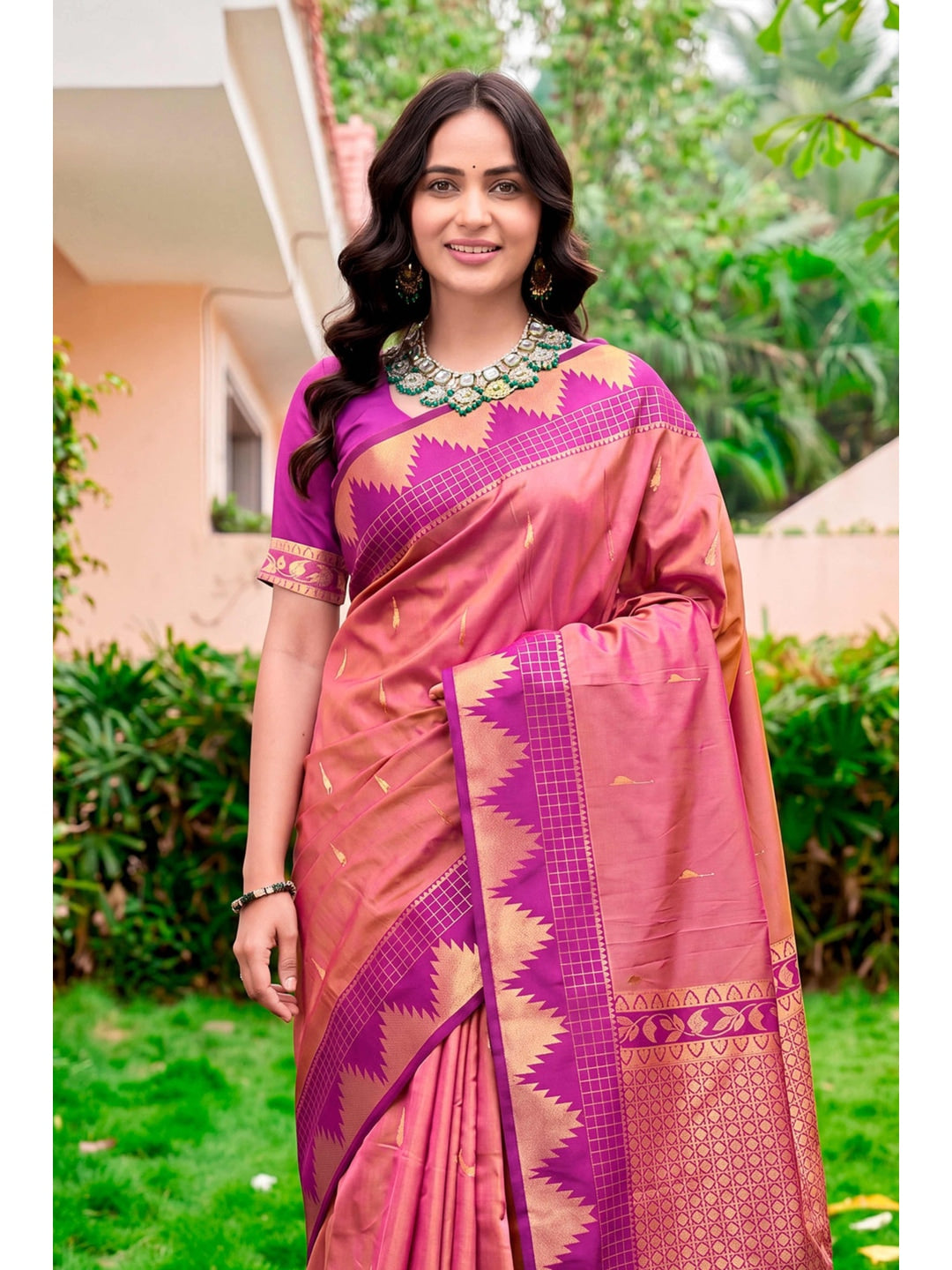 Peachmode Pink Silk Blend Lichi Saree - Image 3