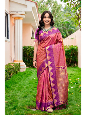 Peachmode Pink Silk Blend Lichi Saree - Image 1