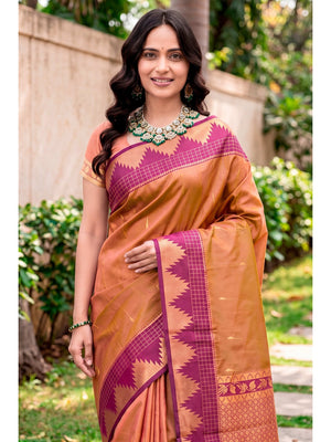 Peachmode Orange Silk Blend Lichi Saree - Image 2