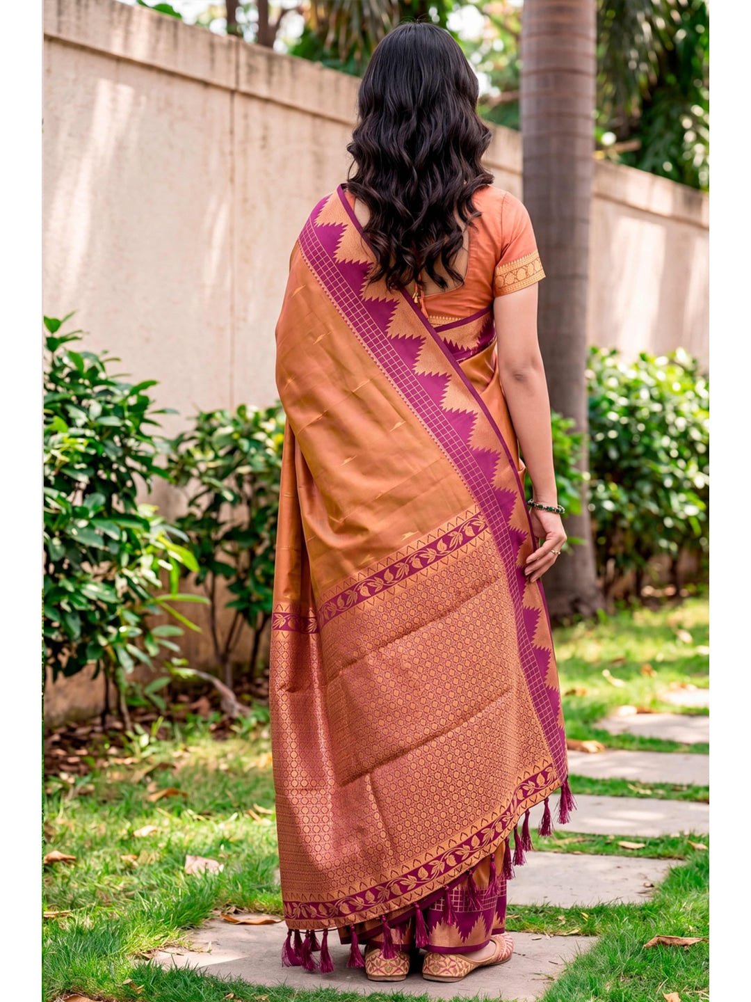 Peachmode Orange Silk Blend Lichi Saree - Image 4
