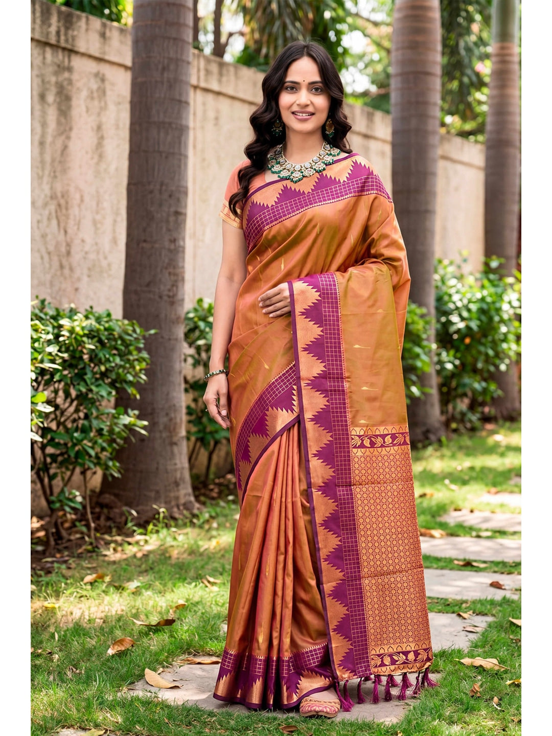 Peachmode Orange Silk Blend Lichi Saree - Image 1